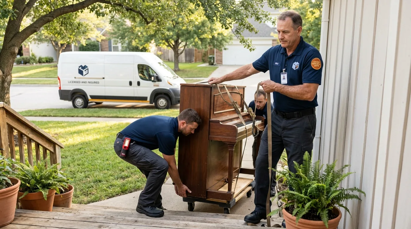 Licensed piano movers securing grand piano in Panama City, FL