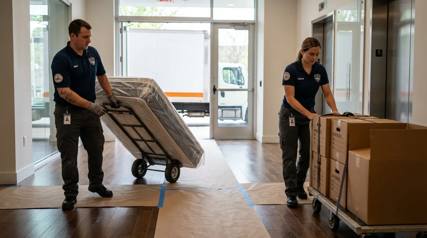 Professional apartment movers loading elevator in Panama City, FL